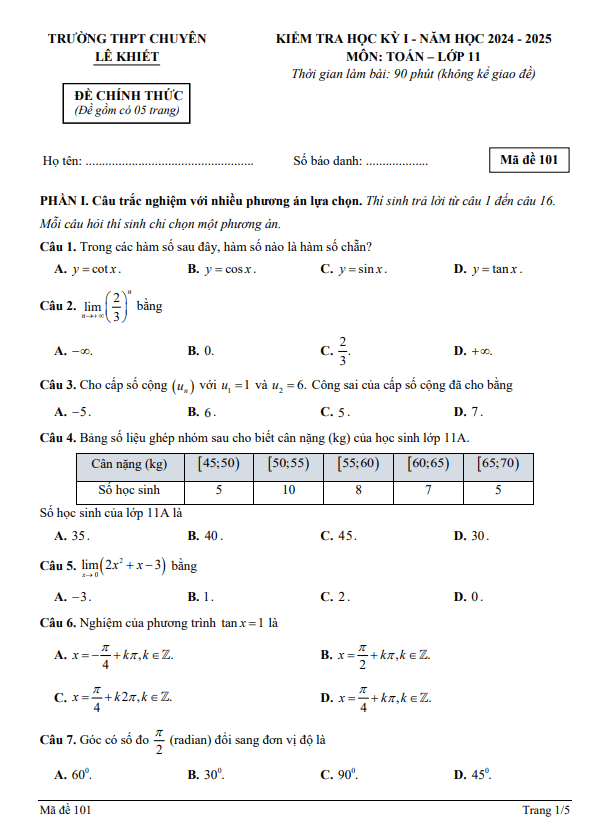 đề cuối kì 1 toán 11 năm 2024 – 2025 trường chuyên lê khiết – quảng ngãi