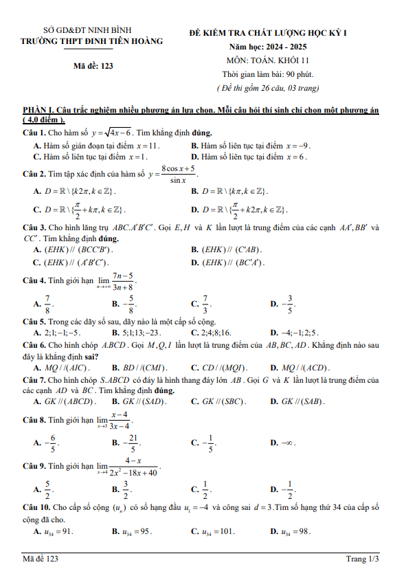 đề cuối kì 1 toán 11 năm 2024 – 2025 trường thpt đinh tiên hoàng – ninh bình