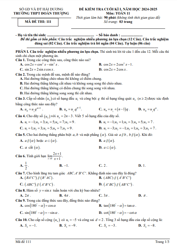đề cuối kì 1 toán 11 năm 2024 – 2025 trường thpt đoàn thượng – hải dương