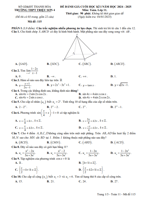 đề cuối kì 1 toán 11 năm 2024 – 2025 trường thpt triệu sơn 4 – thanh hóa