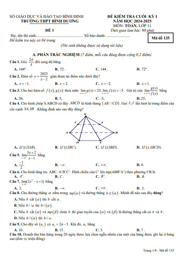 đề cuối kỳ 1 toán 11 năm 2024 – 2025 trường thpt bình dương – bình định