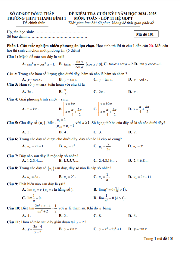 đề cuối kỳ 1 toán 11 năm 2024 – 2025 trường thpt thanh bình 1 – đồng tháp