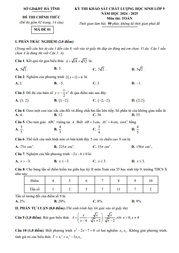 đề khảo sát chất lượng toán 9 năm 2024 – 2025 sở gd&đt hà tĩnh