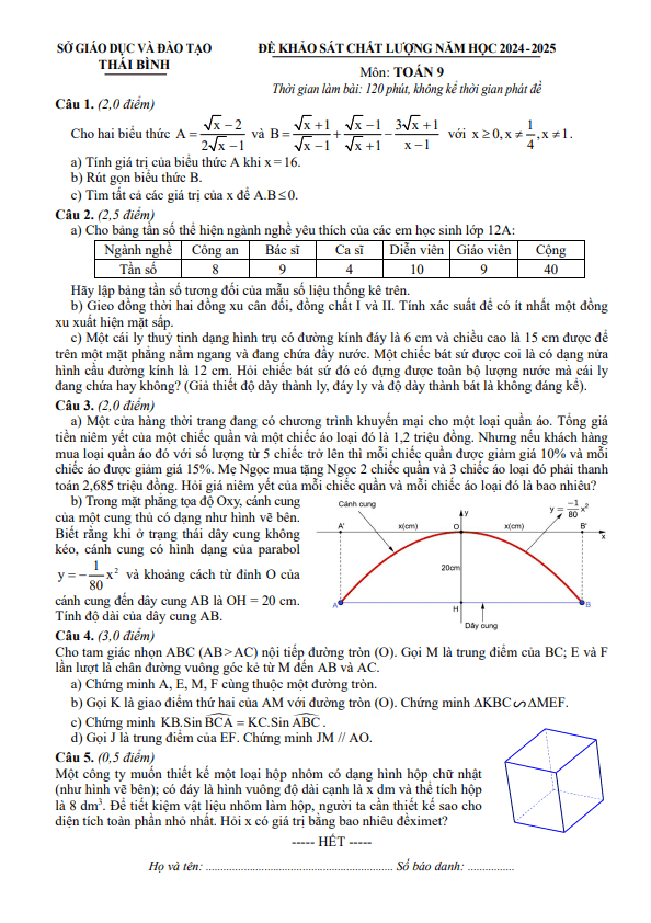 đề khảo sát chất lượng toán 9 năm 2024 – 2025 sở gd&đt thái bình