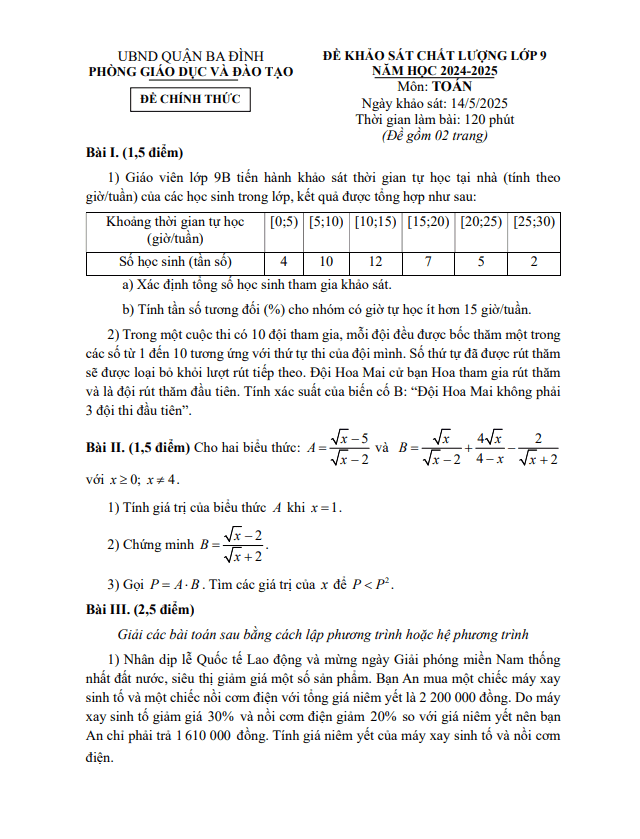 đề khảo sát toán 9 năm 2024 – 2025 phòng gd&đt ba đình – hà nội