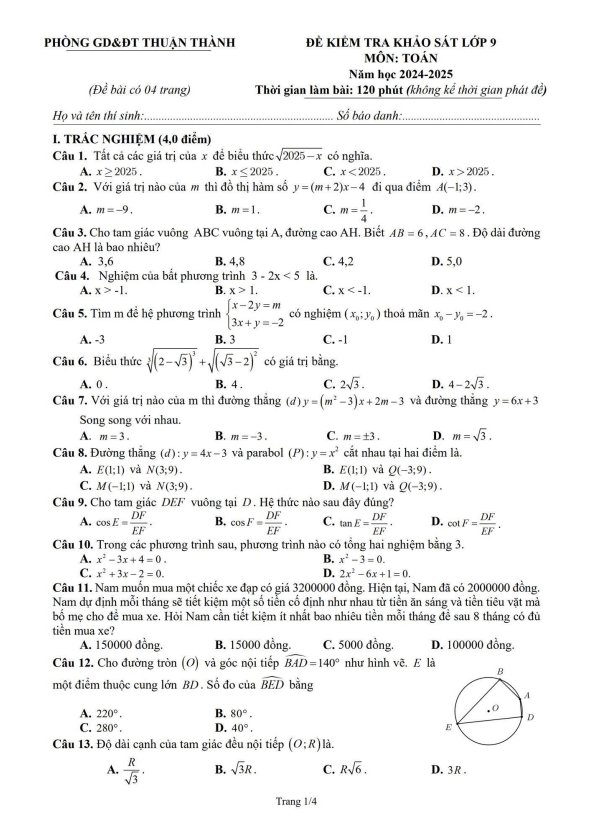 đề khảo sát toán 9 năm 2024 – 2025 phòng gd&đt thuận thành – bắc ninh