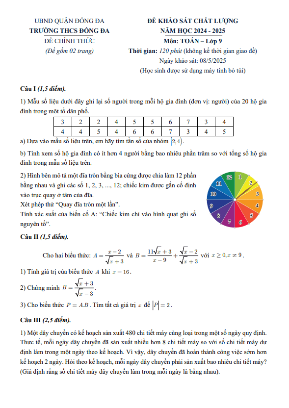 đề khảo sát toán 9 năm 2024 – 2025 trường thcs đống đa – hà nội