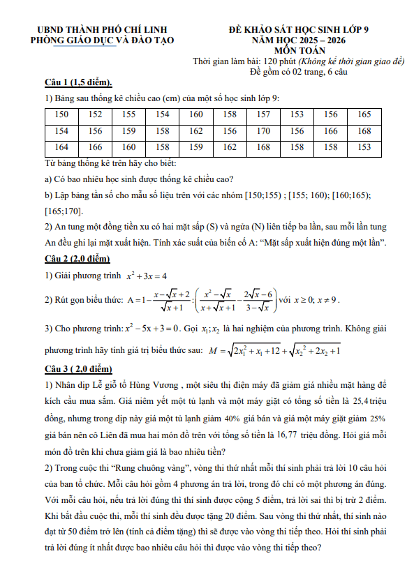 đề khảo sát toán 9 năm 2025 phòng gd&đt chí linh – hải dương