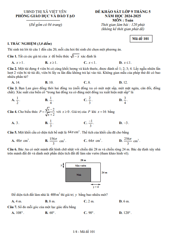 đề khảo sát toán 9 tháng 5 năm 2025 phòng gd&đt việt yên – bắc giang